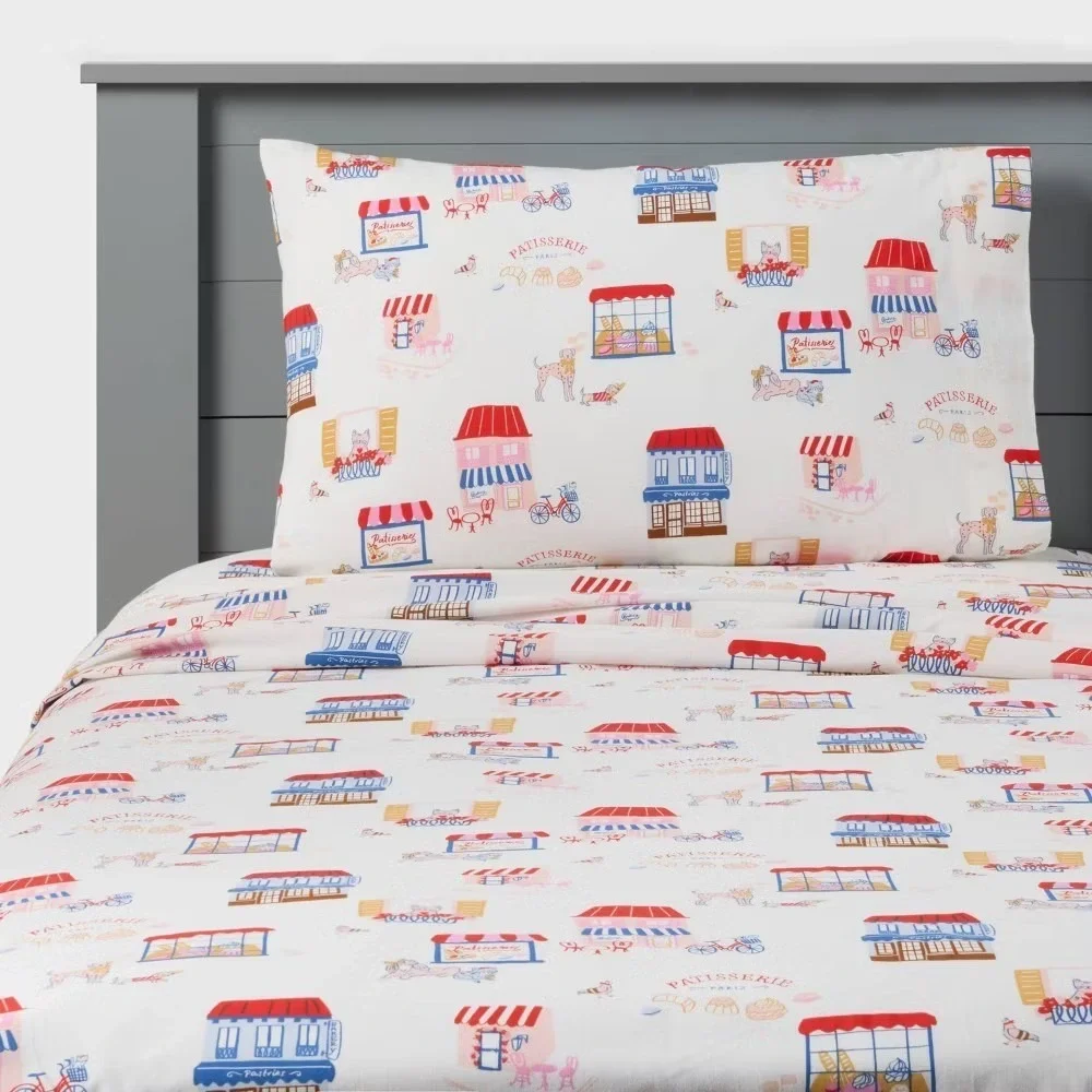 Patisserie Paris Cotton Twin Sheet Set White Red Blue Bakery Dog Print Bedding